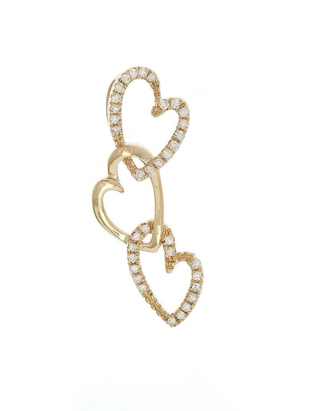 14K Real Yellow Gold Single Micro Pave Diamond Triple Heart Pendant